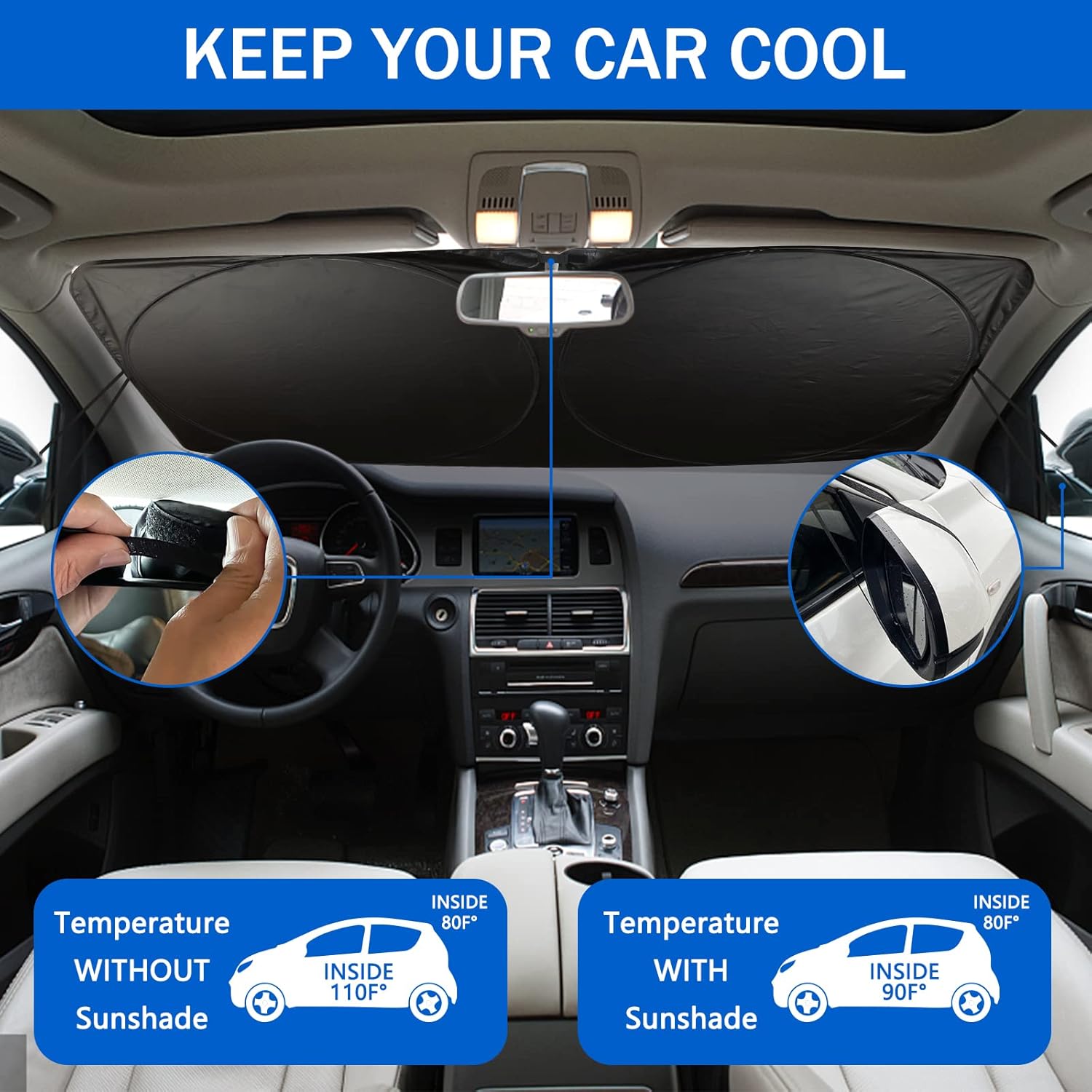 Windshield Sun Shade, Funny  Eyes Sun Visor - Wear-Resistant Black Tape, Foldable 59'x27.5'/63''x31.5''