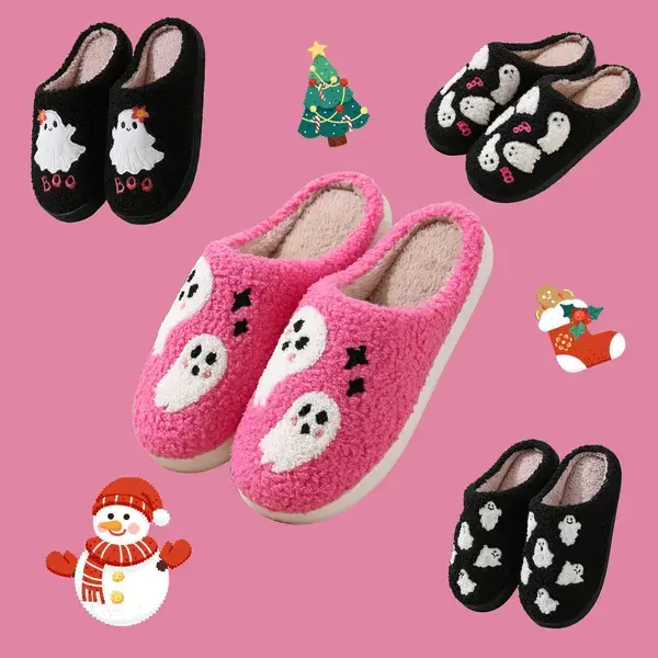 Women's Cozy Fluffy Plush Cartoon Print Sports Slide Slippers - Soft Cotton, Slip-On, Non-Slip, Warm Indoor Winter Footwear for Holiday Gifting, Slippers for Women