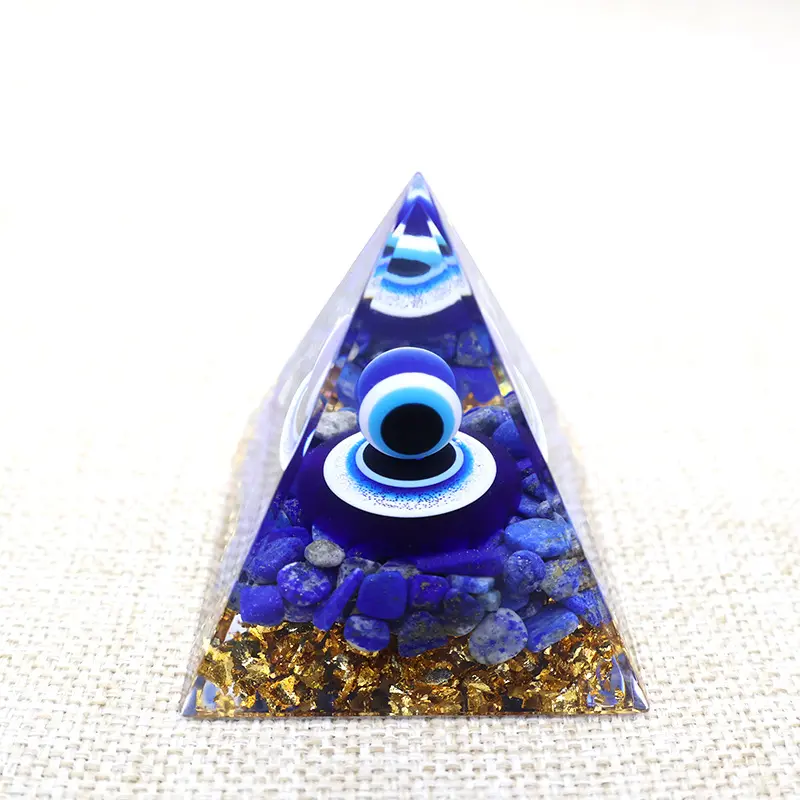 Unisex Desk-Size Lapis Lazuli Orgone Pyramid - Deep Blue Crystal Sphere Resin Orgonite, Natural Quartz Chips Epoxy Ornament, Handmade Reiki Energy Healing Statue, Spiritual Meditation Indoor Recreation Gift