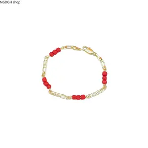 Dainty Red Bead Bracelet for Women, Gold-Tone Paperclip Chain, Adjustable Lightweight Summer Jewelry for Stacking & Beach Vacations