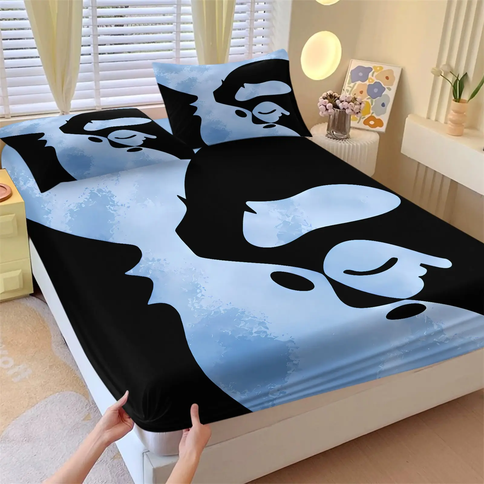 APE Light Blue Vintage Abstract Monkey Face Fitted Sheet Set & 2 Pillowcases, Blue Black Color-Block Patchwork Ape Head Print, Elastic Edge Deep Pockets Bedding, Youth Bedroom Dorm Gaming Room Decor, Bedsheet Sets