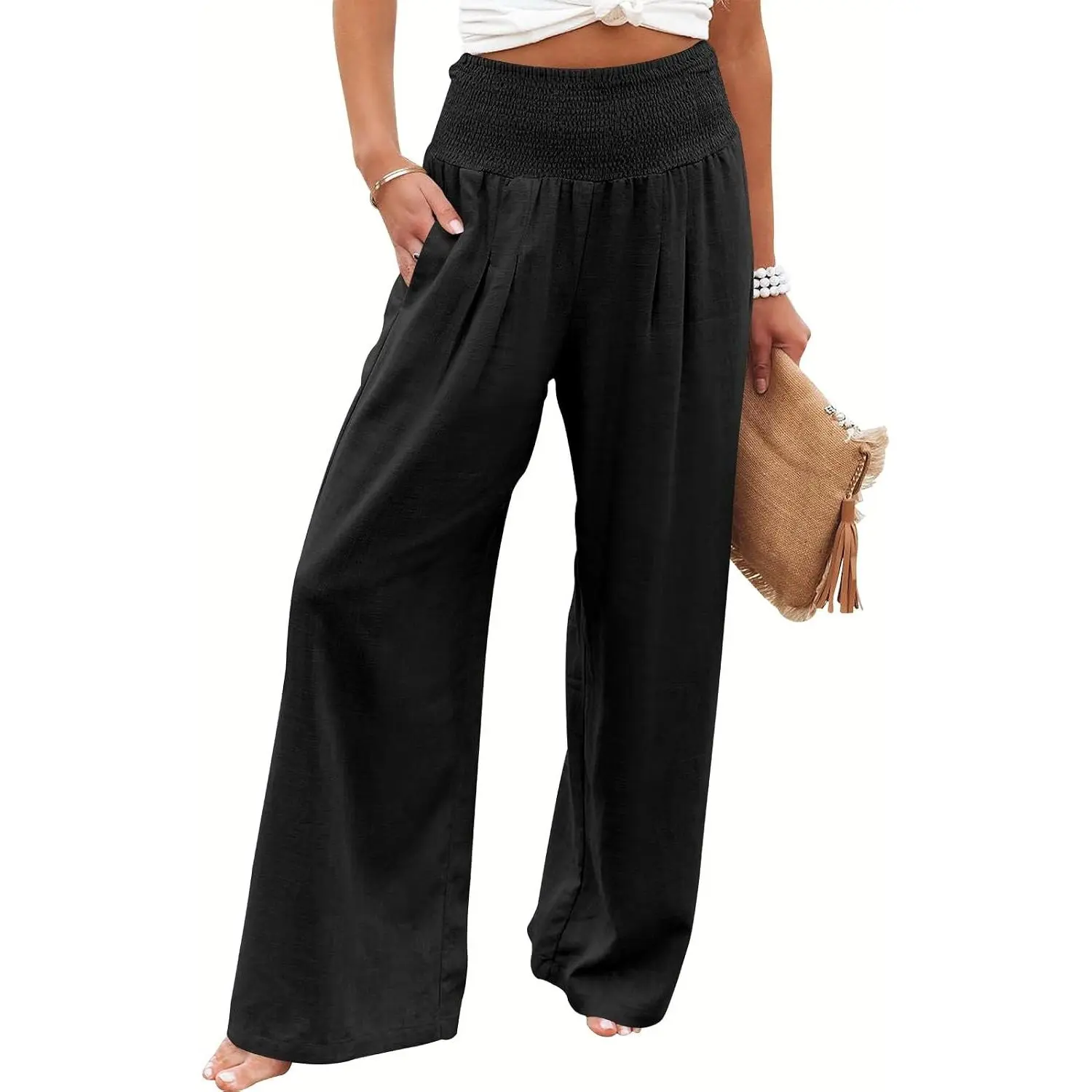 Women's Linen Palazzo Bottoms - 2026 Summer Bohemian High Waist Wide Leg Casual Maternity Pants with Pocket, for Outdoor Beach Travel Outfits