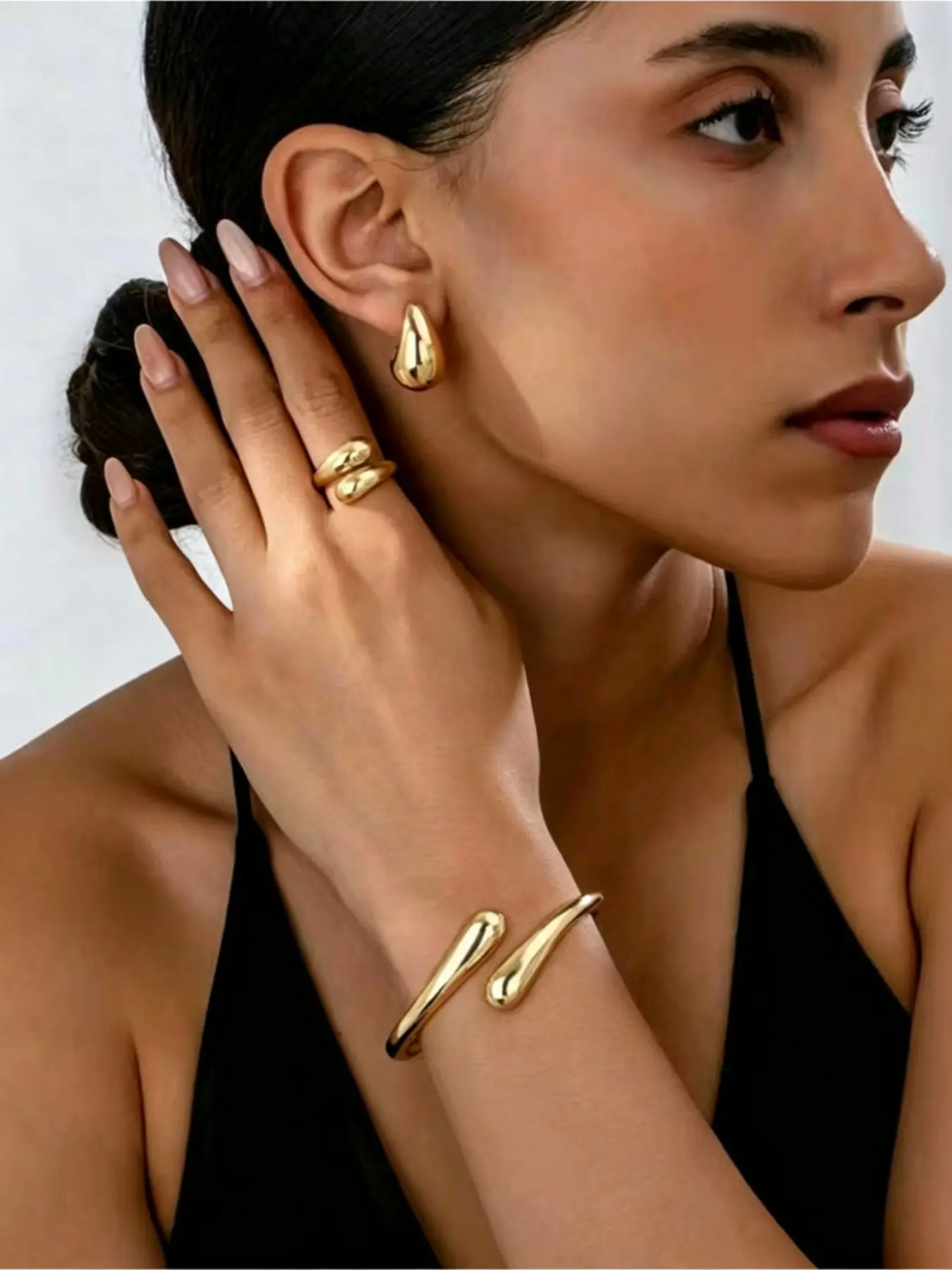 Punk Style 18k Teardrop Jewelry Set, Y2K Open Cuff Bangle, Double Teardrop Ring, Elegant Drop Earrings, Casual Fashion Accessory