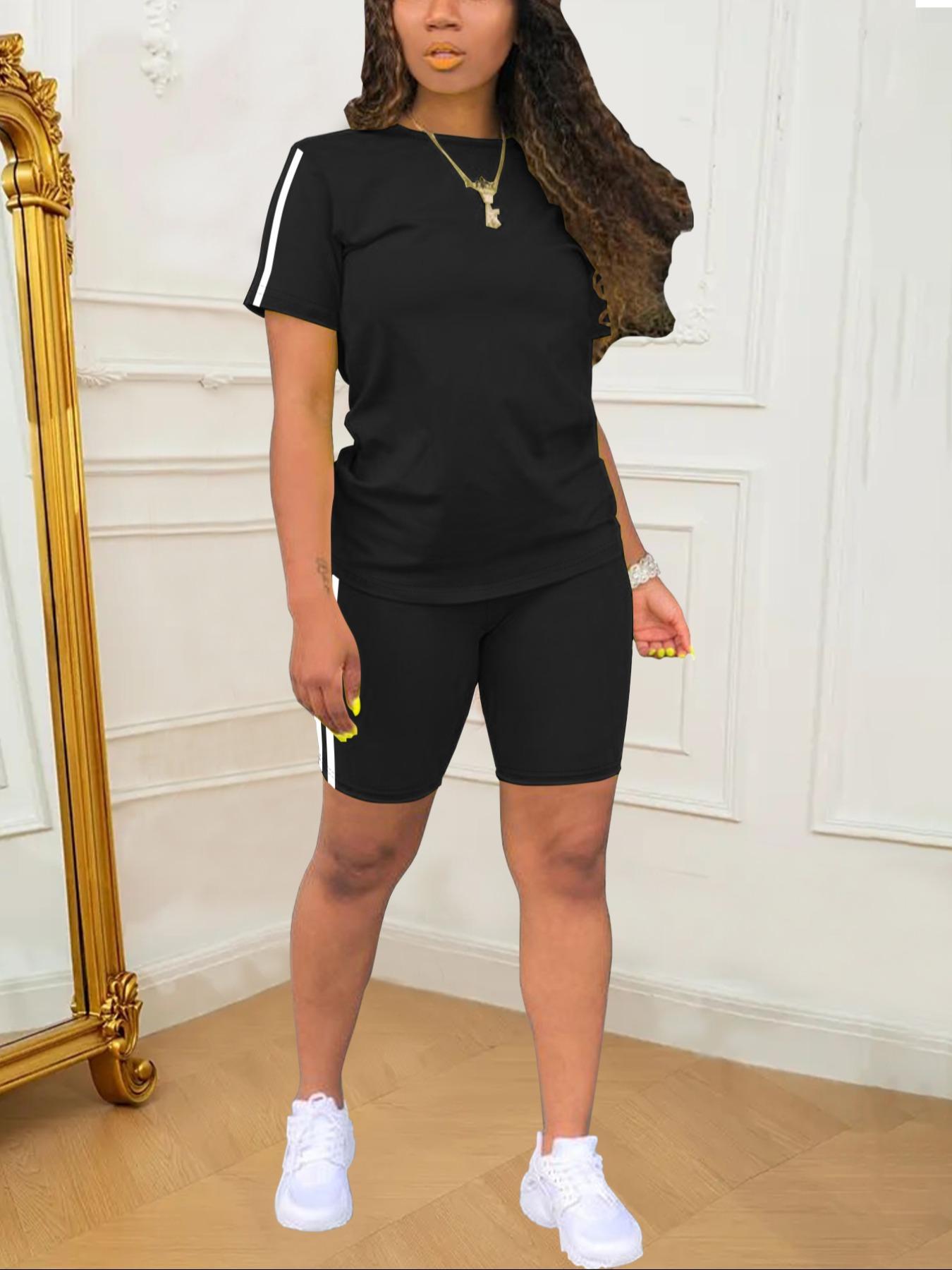 Two-Piece Set Women's Short Sleeve Tee & Shorts, Casual Fitted Round Neck T-shirt & Skinny Shorts, Ladies Summer Clothes