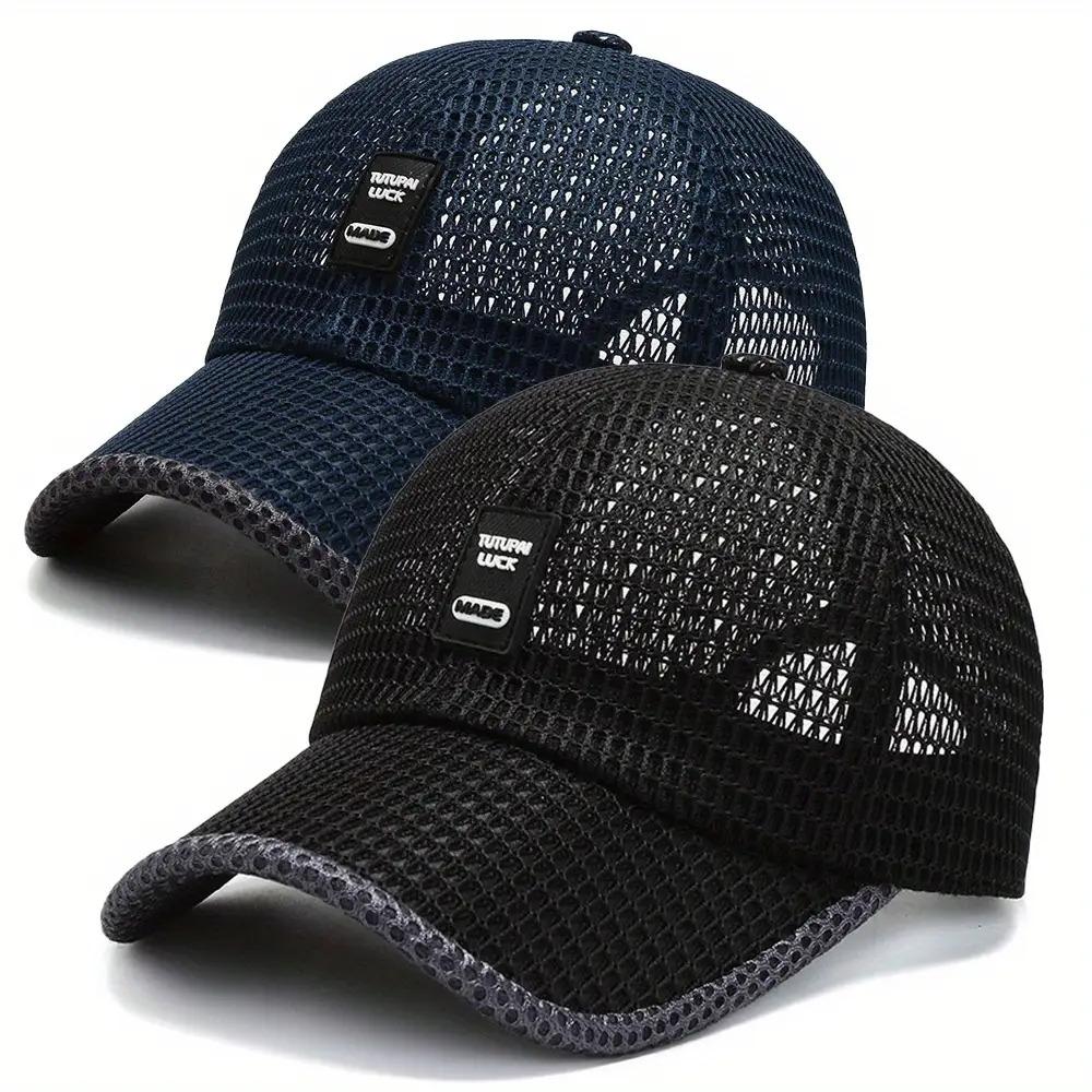 2pcs Quick-Dry Polyester Baseball Caps - Breathable Mesh Adjustable Unisex Summer Sun Hats with Black & Gray Textured Design for Outdoor Sports & Casual Wear, Breathable Mesh Construction