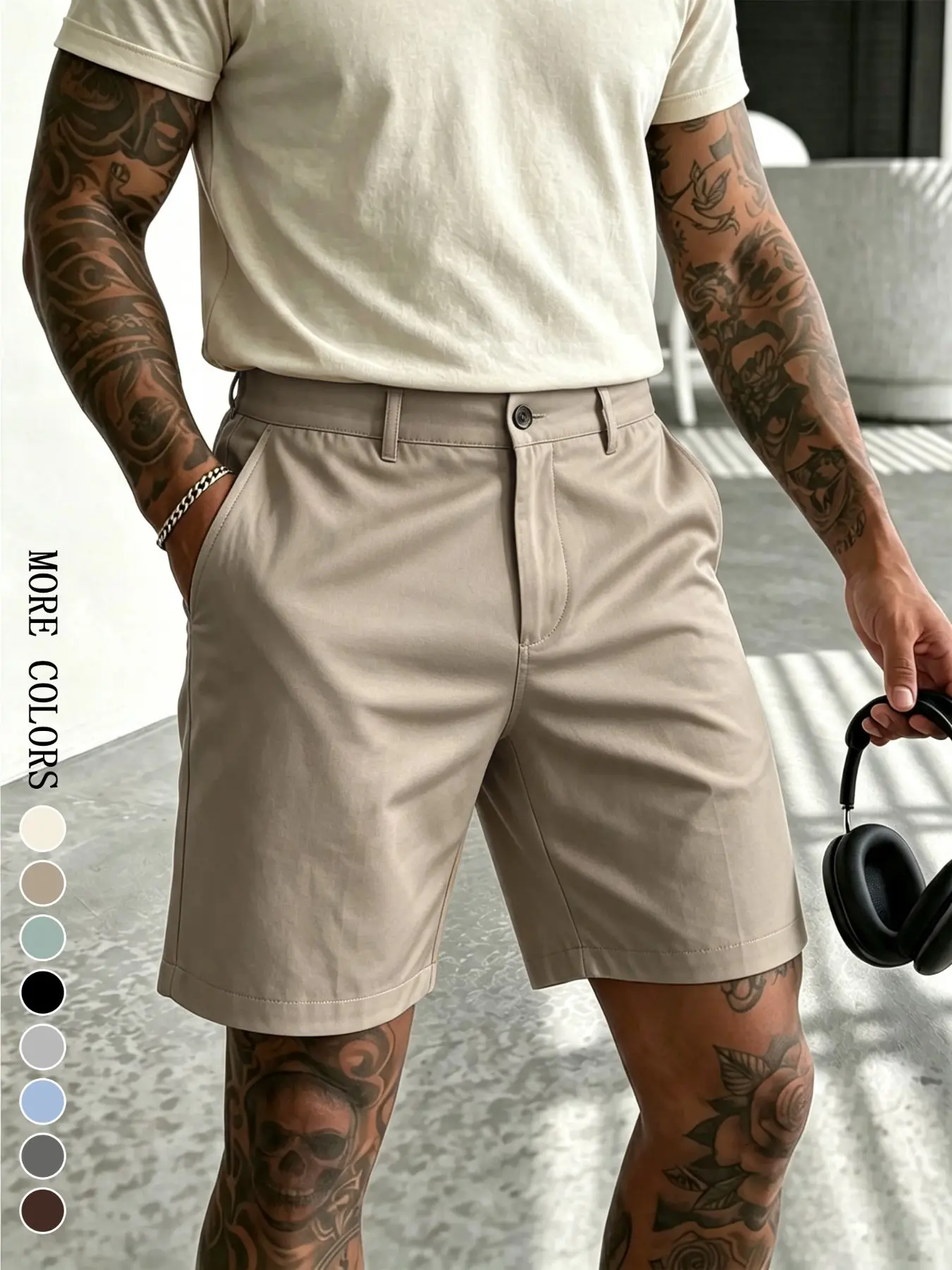 Men's tailored shorts featuring a minimalist, essential design and a slim fit; crafted from breathable woven fabric, these casual tailored shorts offer versatility for both business-casual and relaxed styles. Casual summer shorts