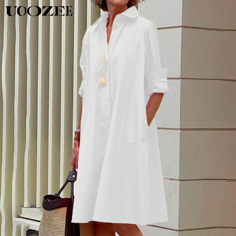 UOOZEE- LIVE Women's Long Sleeves Solid Color Lapel Maxi Dresses Midi Dresses Summer White UOOZEE- LIVE Women's Long Sleeves Solid Color Lapel Maxi Dresses Midi Dresses Summer White