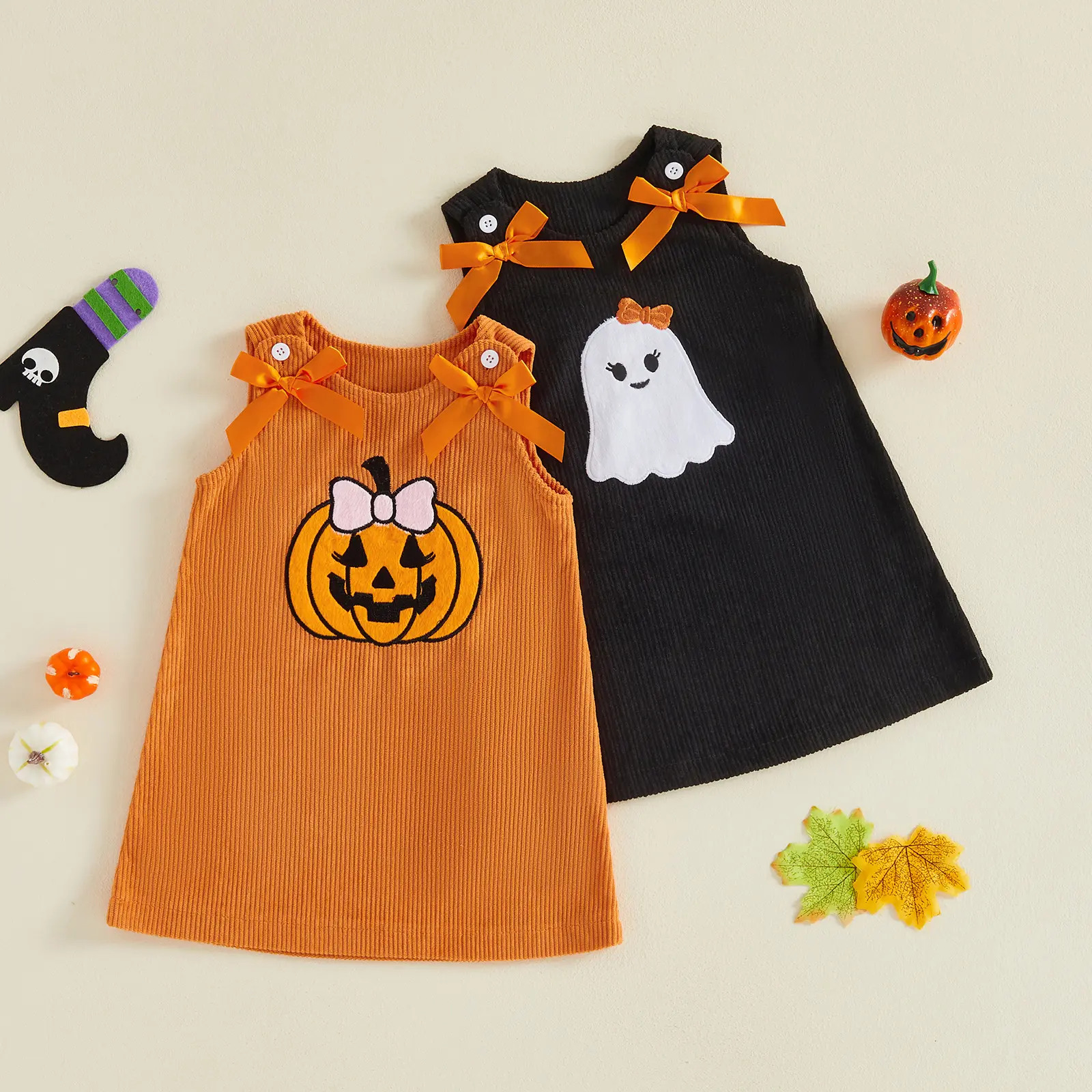 Toddler Baby Little Girls Halloween Bow Dress Corduroy Sleeveless Pumpkin Embroidery Tank Dress Fall Winter 6M-4T