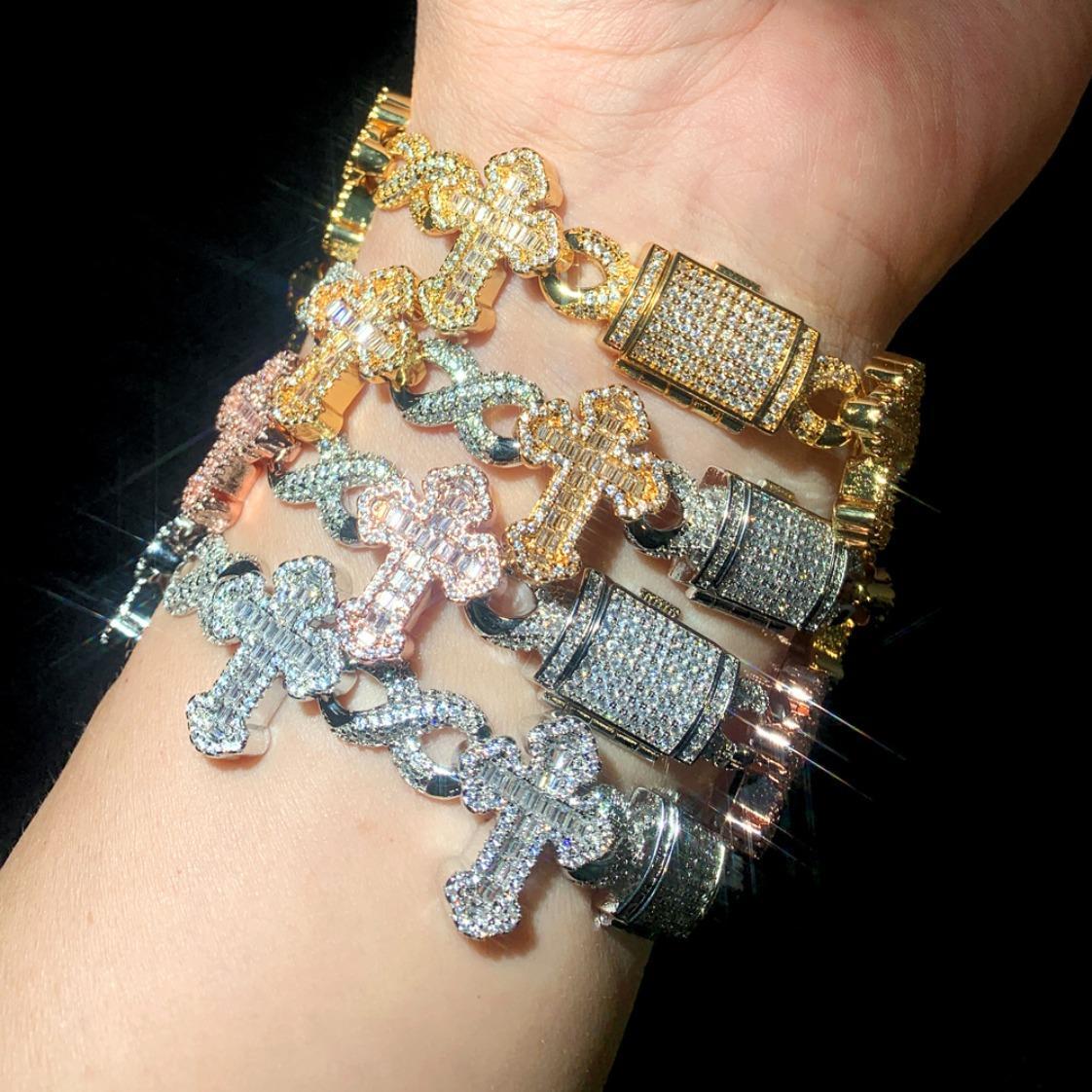 Iced Out Cross Infinity Link Bracelet Moissanite Diamond Hip Hop Jewelry for Men Women, Cuban Chain Micro Pave Bling Bracelet in Gold Silver Rose Gold, Luxury Statement Rapper Style Unisex Wrist Chain Gift for Party Anniversary Birthday