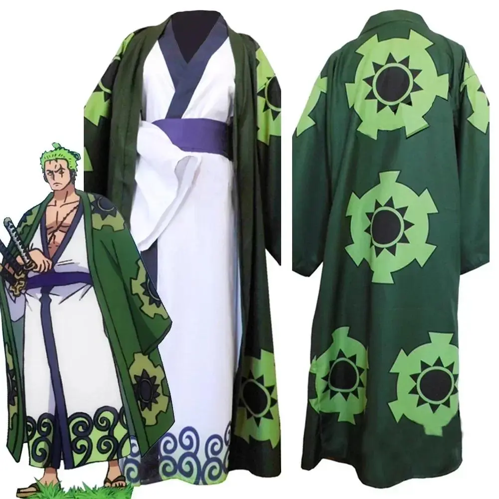 Green Roronoa Zoro Kimono Cosplay Anime Costume Uniform for Halloween Adult Suit Lining Outerwear Girdle Disfraz Halloween