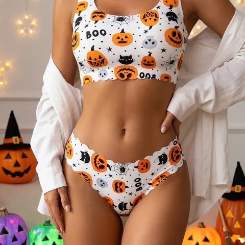 Halloween Pumpkin Print Bra and Panty Set, Backless Fitted Lingerie, Breathable Rayon Blend, Casual Party, Unlined, All Seasons