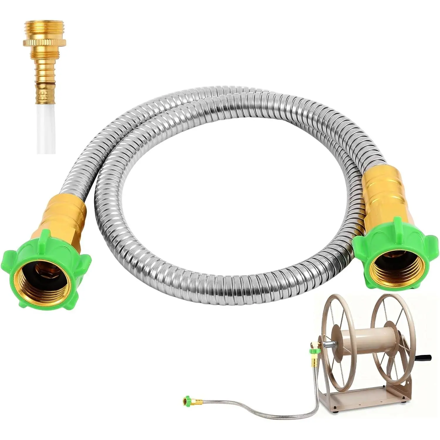 Short Metal Garden Hose with Female to Female Connector, Stainless Steel Small Leader Hose for Hose Reel, Outdoor Water Hose Extension Adapter (2 ft)
