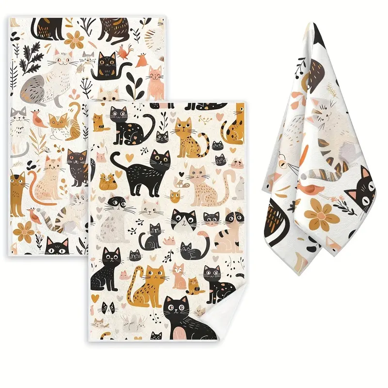 Set of 2 Whimsical Cat Pattern Kitchen Towels 16x24 Inch, Bohemian Kitten Absorbent Hand Towel, Housewarming Gift for Cat Lovers, Cute Animal Bathroom Decor Cloth