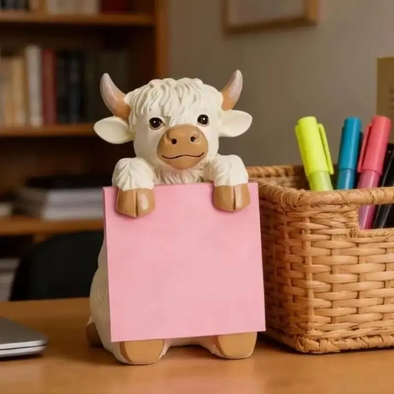 Highland Cow Resin Sticky Note Dispenser, 3D Cute Desktop Decor, Perfect for Home & Office, Unique and Functional Organizer, Desk Stand, Desk Accessory
