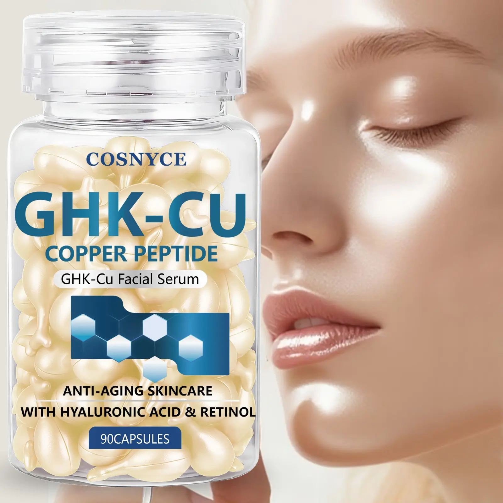 Cosnyce Blue Copper Peptide Facial Essence Capsules with Hyaluronic Acid and Brightening Vitamin C, Moisturizing and Hydrating Skin Care Supplement, Capsule Serum