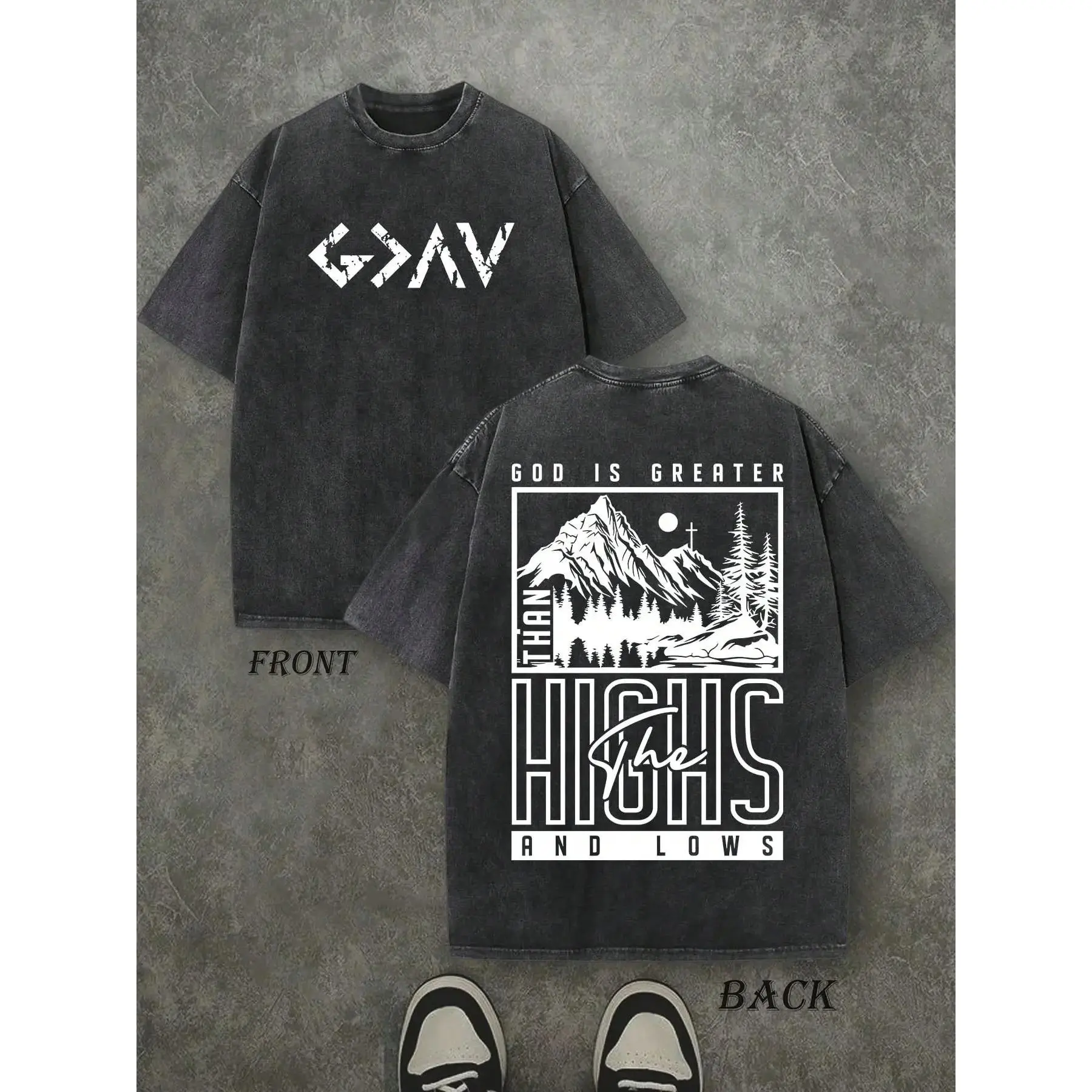 Vintage God Is Greater Than The Highs And Lows Mountain Cross Christian T-Shirt, Washed Black Cotton Oversized Short Sleeve Tee, Front Back Symbol Faith Casual Crewneck Shirt