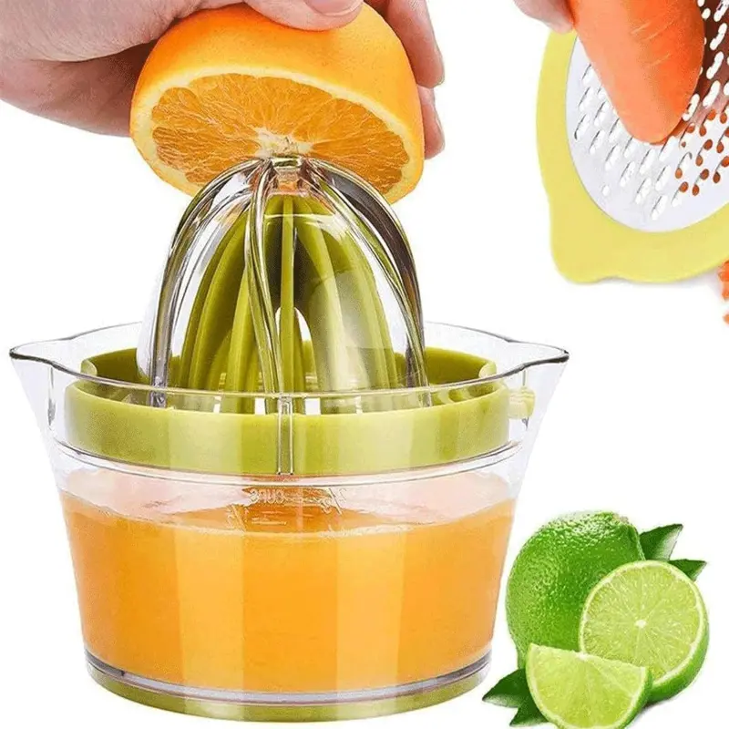 Manual lemon and orange juicer, equipped with an integrated measuring cup and grater, green color