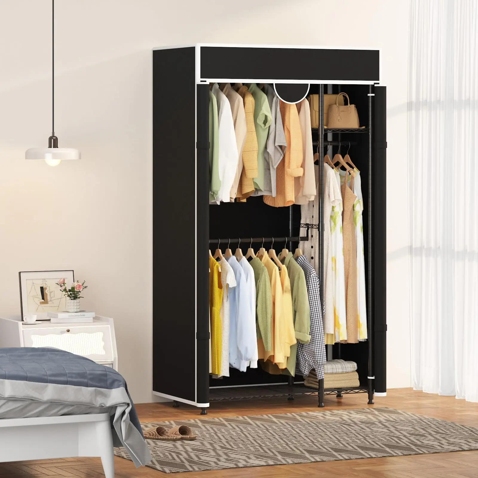 Heavy Duty Carbon Steel Portable Closet Wardrobe Organizer with Cover, Adjustable Closet System, Double Hanging Rods, Extra Hooks, Shelves, 720 lbs Capacity Home Storage Rack for Hanging Clothes (Non-Woven Fabric), 22 Lbs Per Hanging Rod