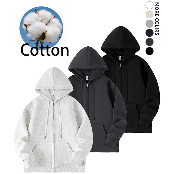 Loose zip-up hooded jacket made of premium cotton fabric, fitted with adjustable drawstrings and front kangaroo pocket, casual layered outerwear that delivers comfy daily styling for modern mensfashion.