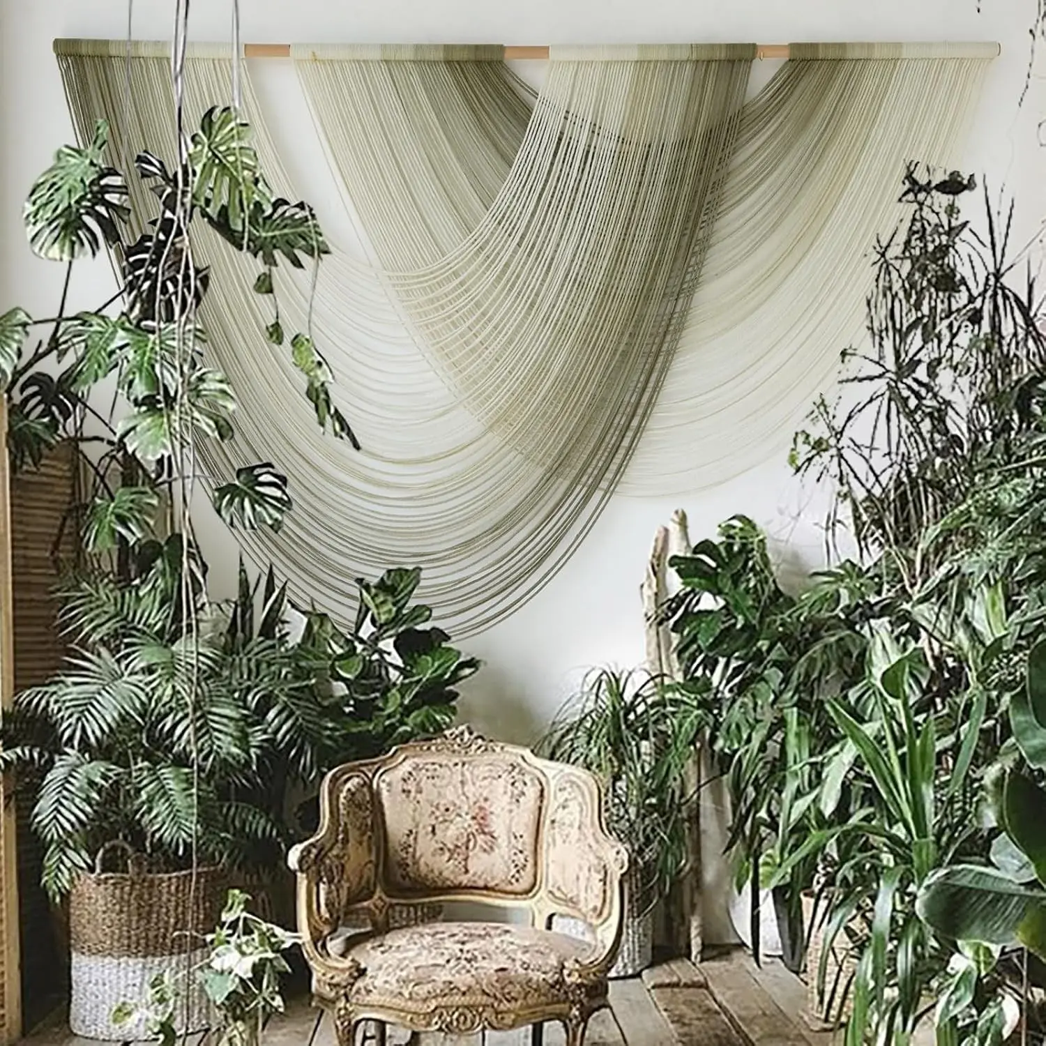 Macrame Wall Hanging Boho Tapestry Dip Dyed Ombre Moss Green 57"W*39"L For Bedroom Living Room Nursery Wedding Backdrop, Large Handwoven Wall Art, Boho Apartment Style, Modern Farmhouse Decor