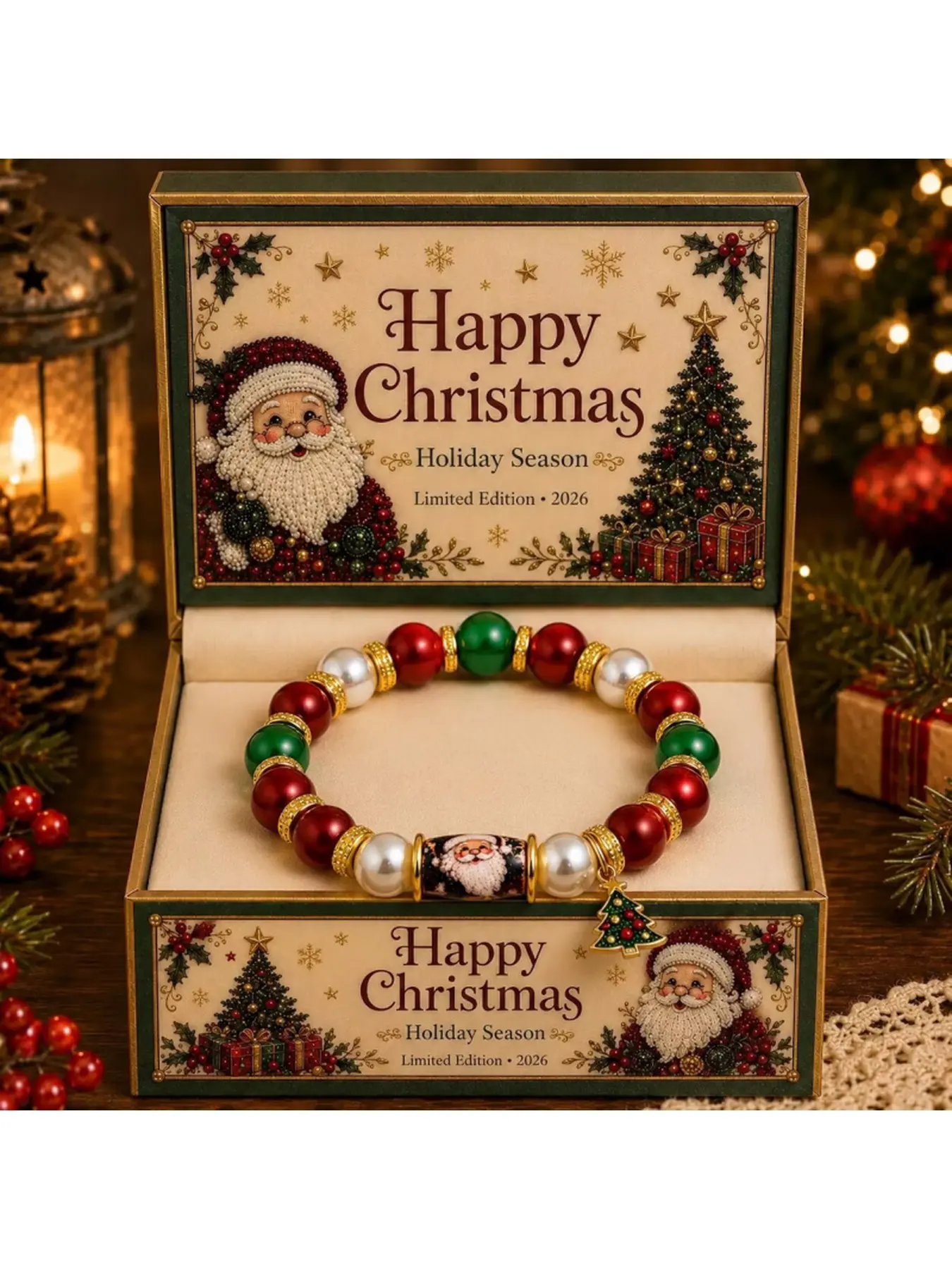 2026 Limited Edition Christmas Beaded Bracelet for Women Red Green Pearl Santa Claus Christmas Tree Charm Gold Tone Holiday Jewelry Gift Box