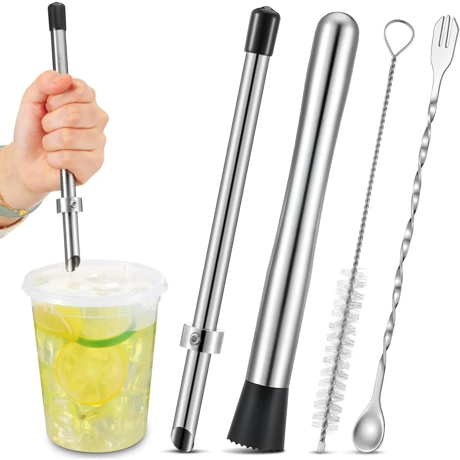 5 Pcs Straw Puncher and Muddler for Lemonade Plastic Lids Cups, Straw Hole Puncher, 304 Stainless Steel Muddler, Fresh Squeezed Lemonade Stand Supplies (8.7 Inch)