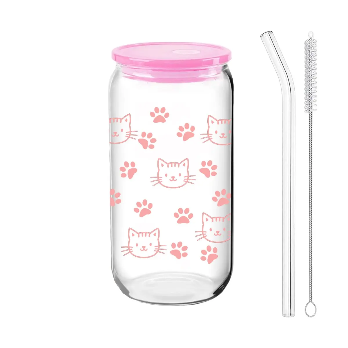Set of 1 Cute Cat Pattern Glass Cup with Lid, Glass Straw and Straw Brush, 16oz/480ML Iced Coffee and Beverage Cup