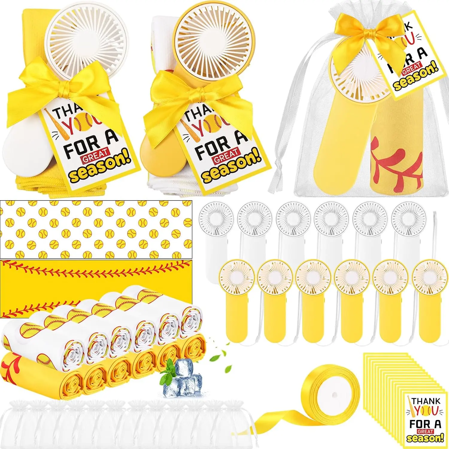 12 Set Softball Mini Handheld Fans Cooling Set 40 x 12 Inches Softball Ice Cooling Towel Quick Drying Small Personal Fans Cards Drawstring Bags Ribbon for  Party Favors Team