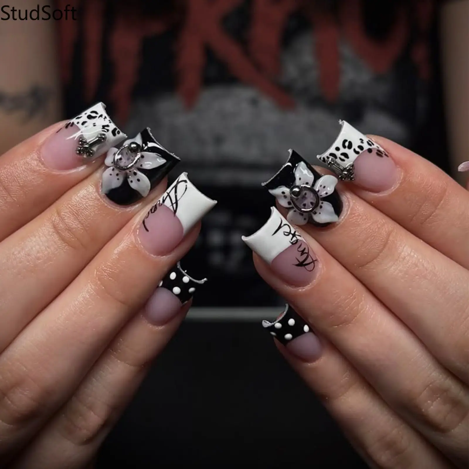 24pcs Press on Nails Long Square Gothic Fake Nails Angel Letter 3D Flower Cross False Nails Black White Plaid Polka Dot Acrylic Nails Art for Women