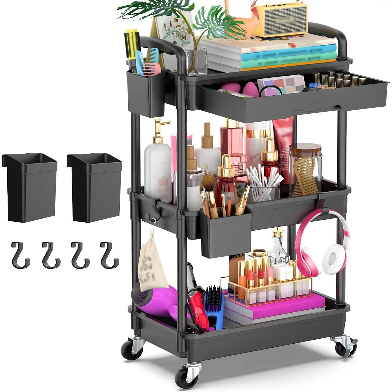 3 Tier Rolling Utility Cart Organizer with Removable Drawer, Black |  and Sturdy Rolling Storage Carts with 2 Lockable Wheels for Bathroom, Kitchen, Snack, Craft, Makeup,  Essentials