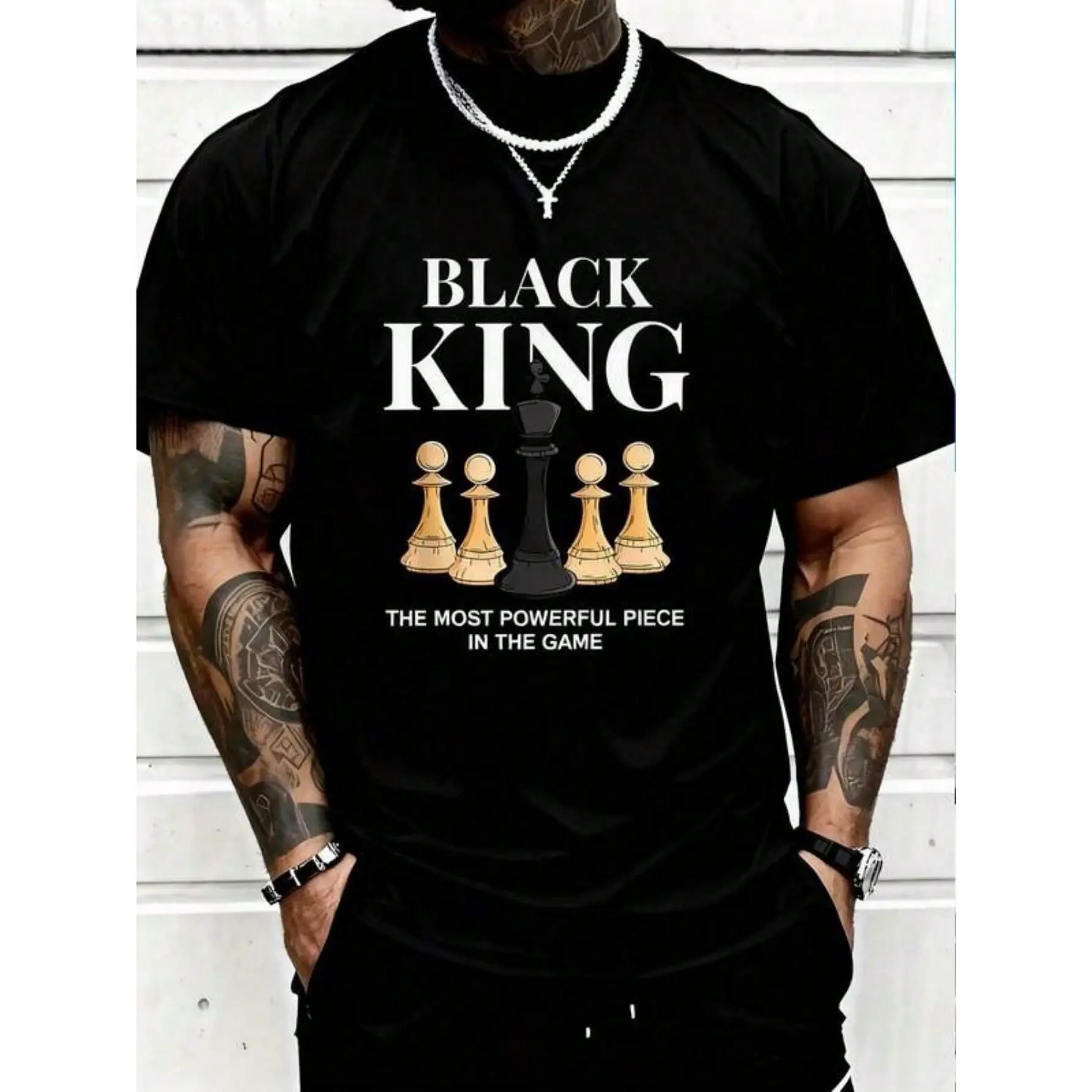Men's Chess King Print Black Round Neck Short-Sleeve Knitting T-Shirt - Medium-Stretch Cotton Casual Top, Unisex Menswear Streetwear Regular-Fit Valentines Day Foldable Tee