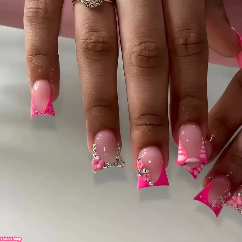 Hot Pink Glitter French 3D Flower Rhinestone Taper Square Press On Nails Bright Y2K Handmade Fake Nail Set For Summer