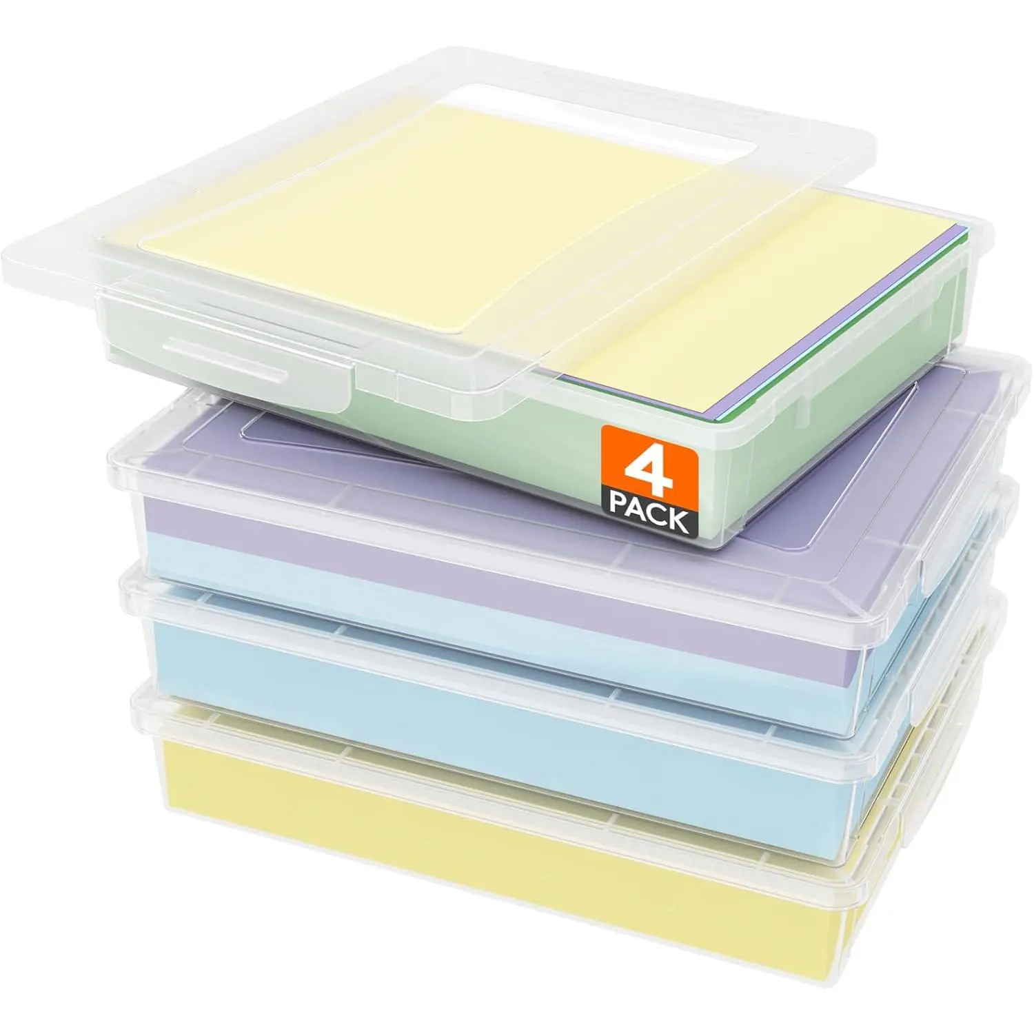 4 Pack Paper Organizer Storage, 32 x 23 cm/12x9 Multi-Purpose Plastic File Box with Latching Lids, Containers for A4, 8.5" x 11" Letter, Scrapbook, Document, Magazine, Art Supplies, Clear