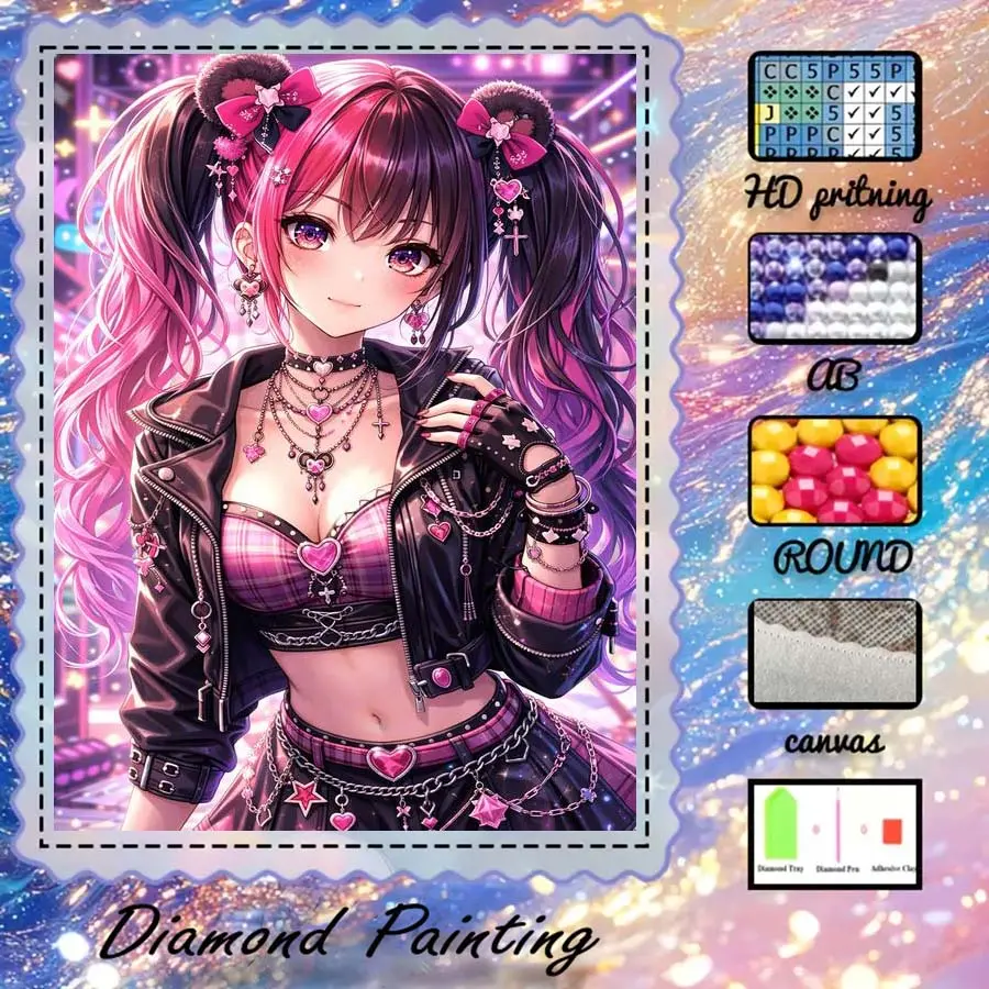 1pc-5D-DIY-Flocking-Cloth-Diamond-Painting-Kit, options: AB Diamonds, Fairy Dust Diamonds, Crystal Diamonds - Girl, Twin Ponytails, Leather Jacket - Diamond Embroidery, Special Craft Diamond Art Set, Wall Decoration, Gift for Family, Loved Ones, Friends.