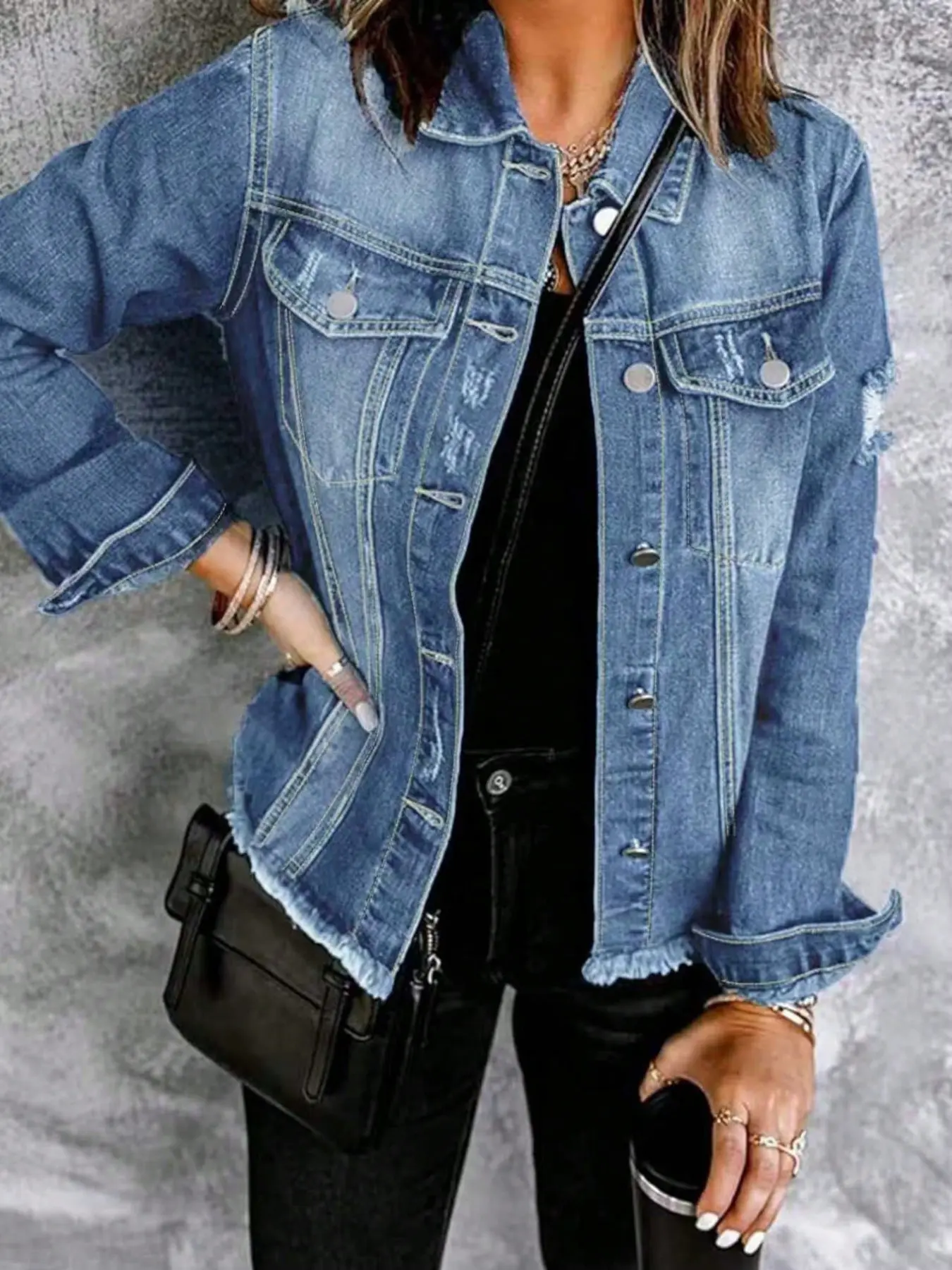 Women's Light Blue Washed Denim Jacket Coats, Outerwear, Distressed Ripped Frayed Hem, Long Sleeve Y2K Streetwear, Everyday Casual for Spring Fall