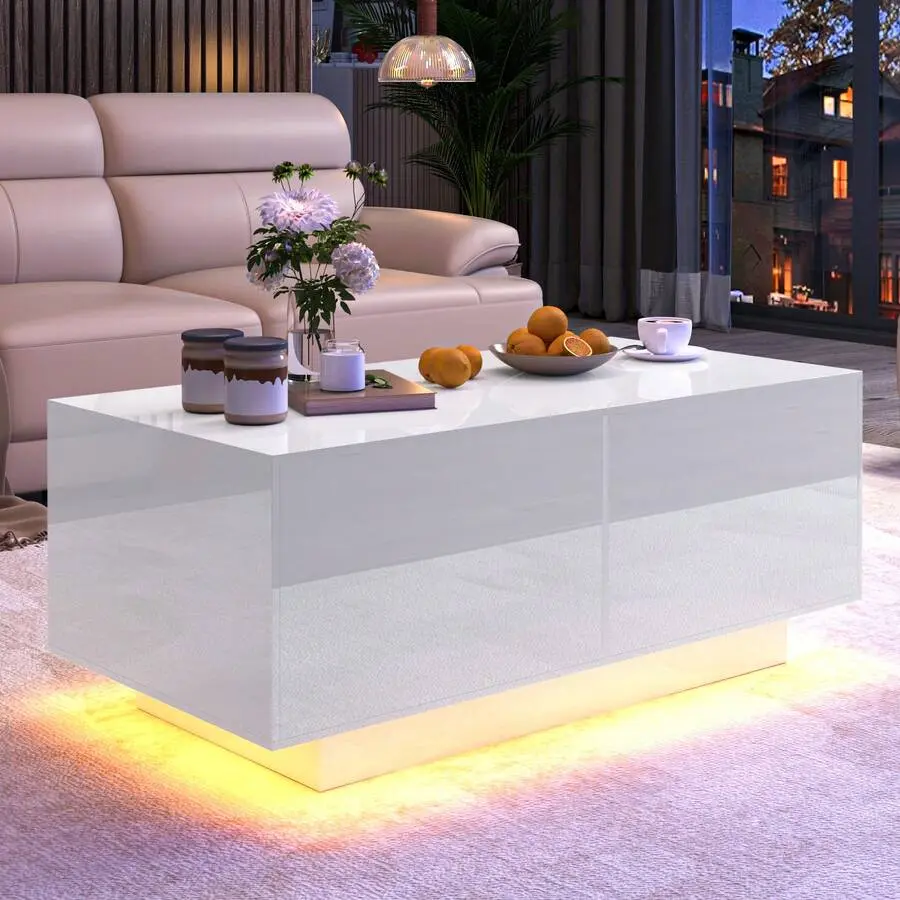 Modern LED Coffee Table with 20-Color LED Lights & Drawers, Rectangular Gloss Plywood End Table for Living Room and Dining Room, Open Shelves and Ample Storage Space, White