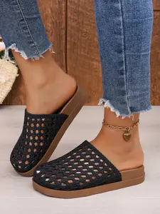 Women's Soft Sole Large Size Hollow Out Woven Toe Posterior Thick Bottom Breathable Half Sandals, Grid Home Outdoor Beach Shoes