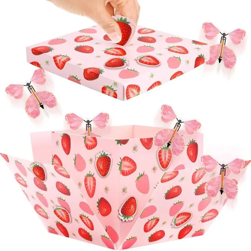 3D Strawberry Birthday Surprise Box, Elegant Reusable Paper, Includes Dual Layer Box, 4 Butterflies, Card, Ribbons, Foam Glue, Perfect for Any Age