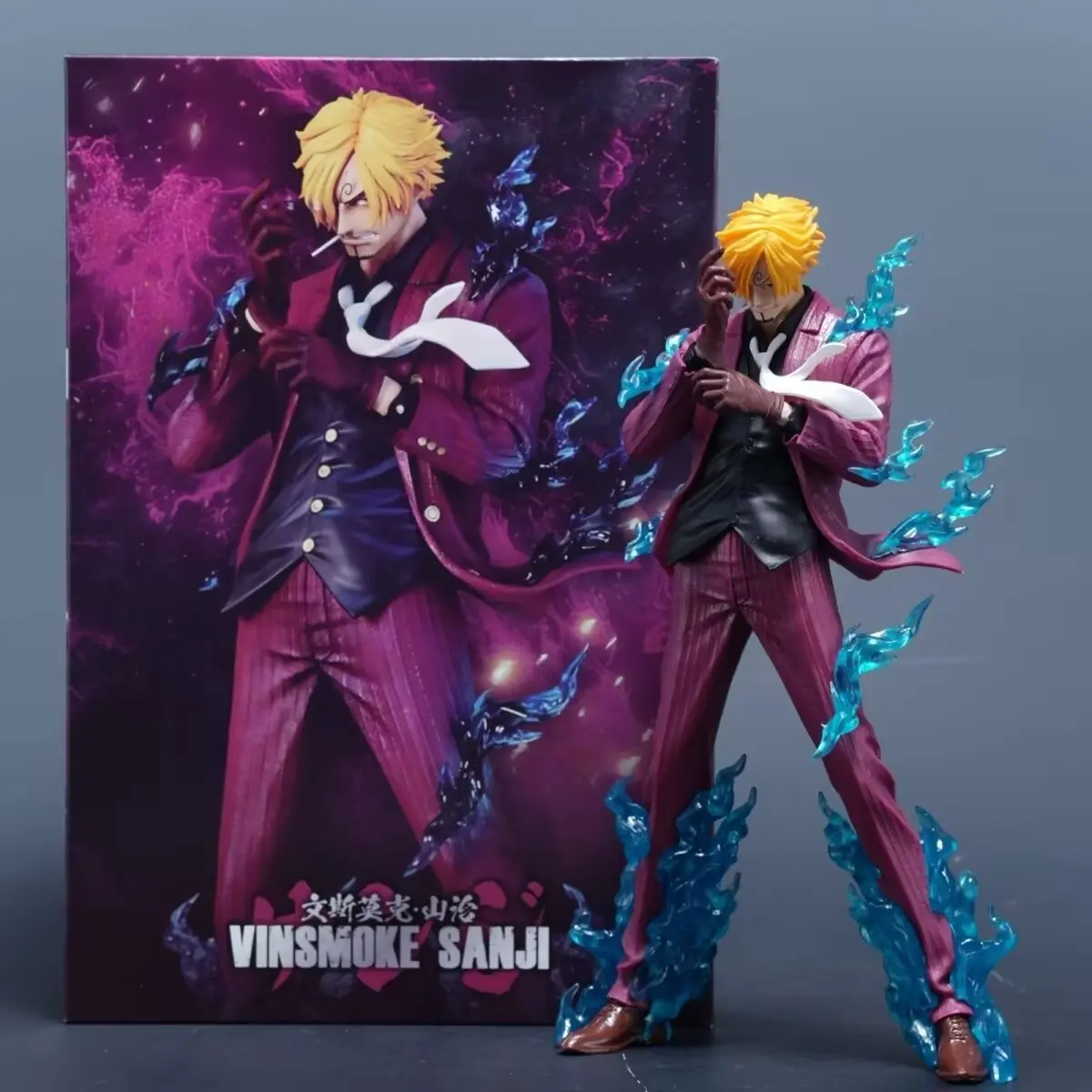 One Piece Sanji Devil Fruit Figure, 25.5cm Height, Detailed Gold Hair, Suit, Blue Flame Effect, PVC Material, Collectible Model