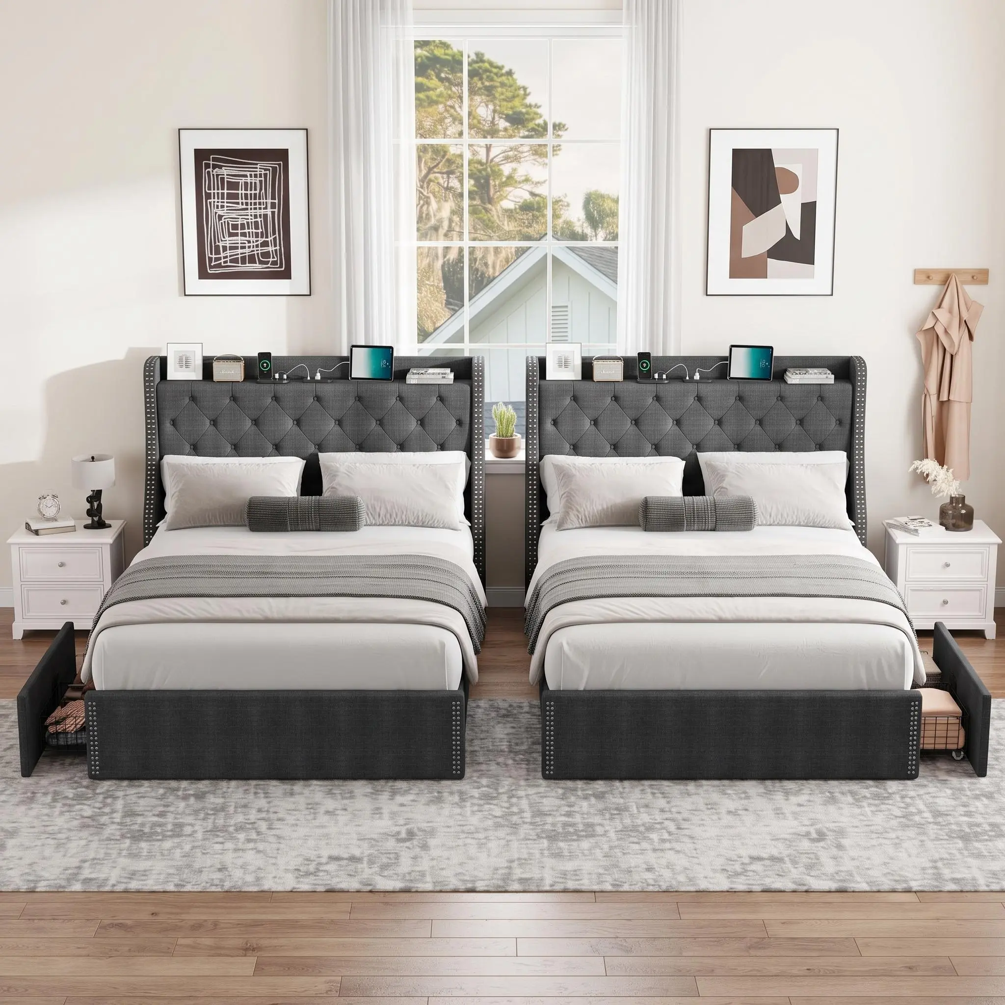 Bed Frame with Charging Station - Full or Queen, 4 Drawers, Wing Back, Diamond Design, Set of 2