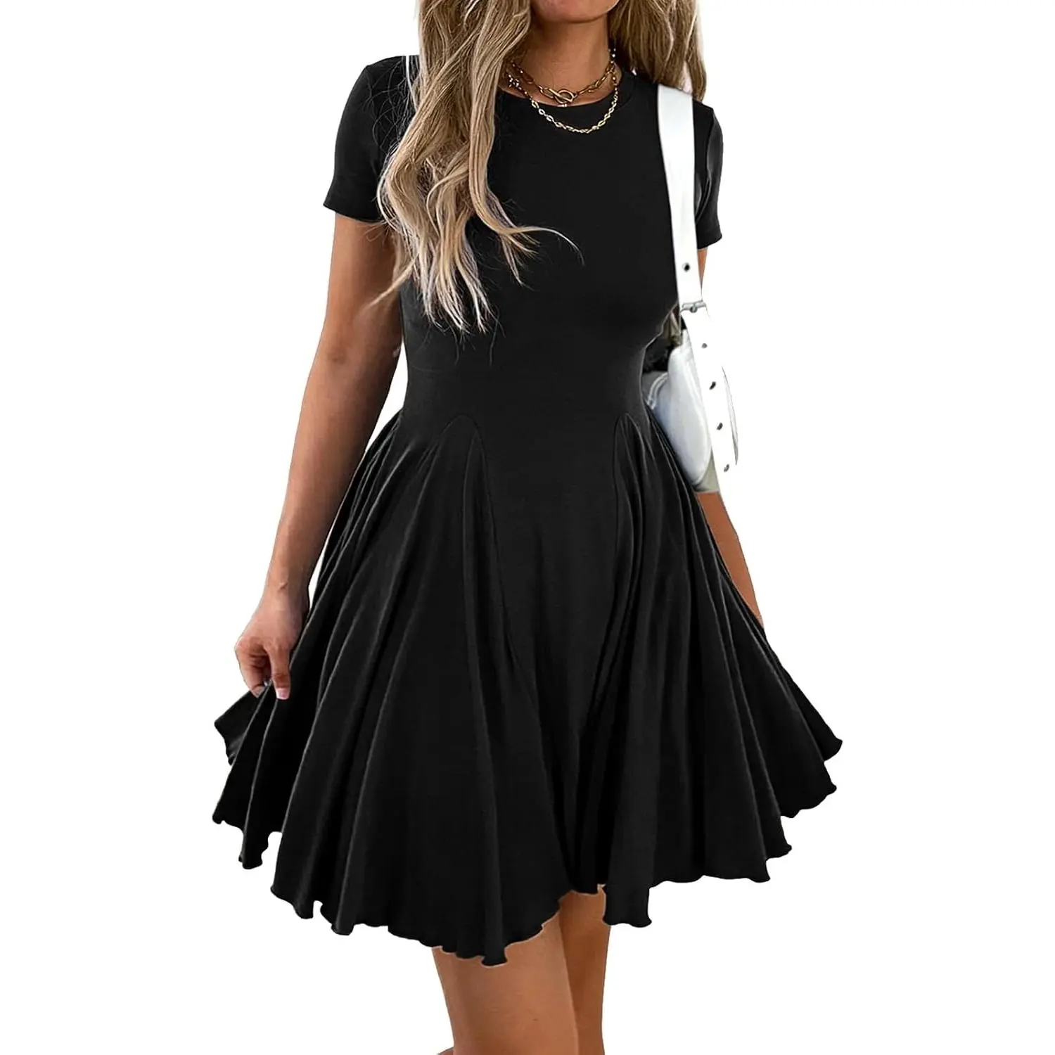 Womens Summer Fit and Flare Swing Flowy Mini Dress Casual A Line Crewneck Pleated T Shirt Skater Dress Beach Sundress