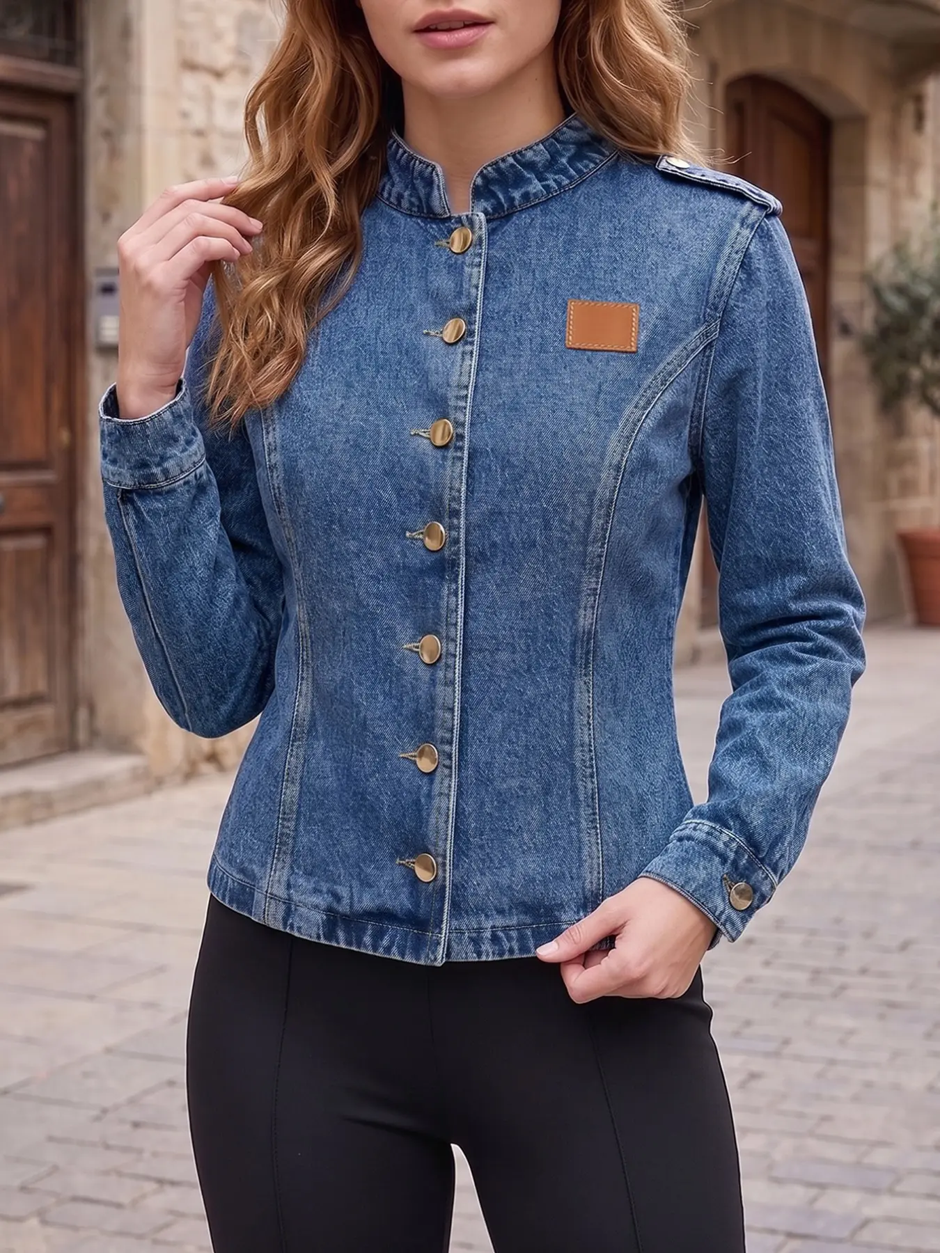 Women's Stand Collar Slim Fit Denim Jacket, Button Shoulder Patch, Spring Fall Long Sleeve Short Coat, Fashionable Aesthetic Jean Blazer