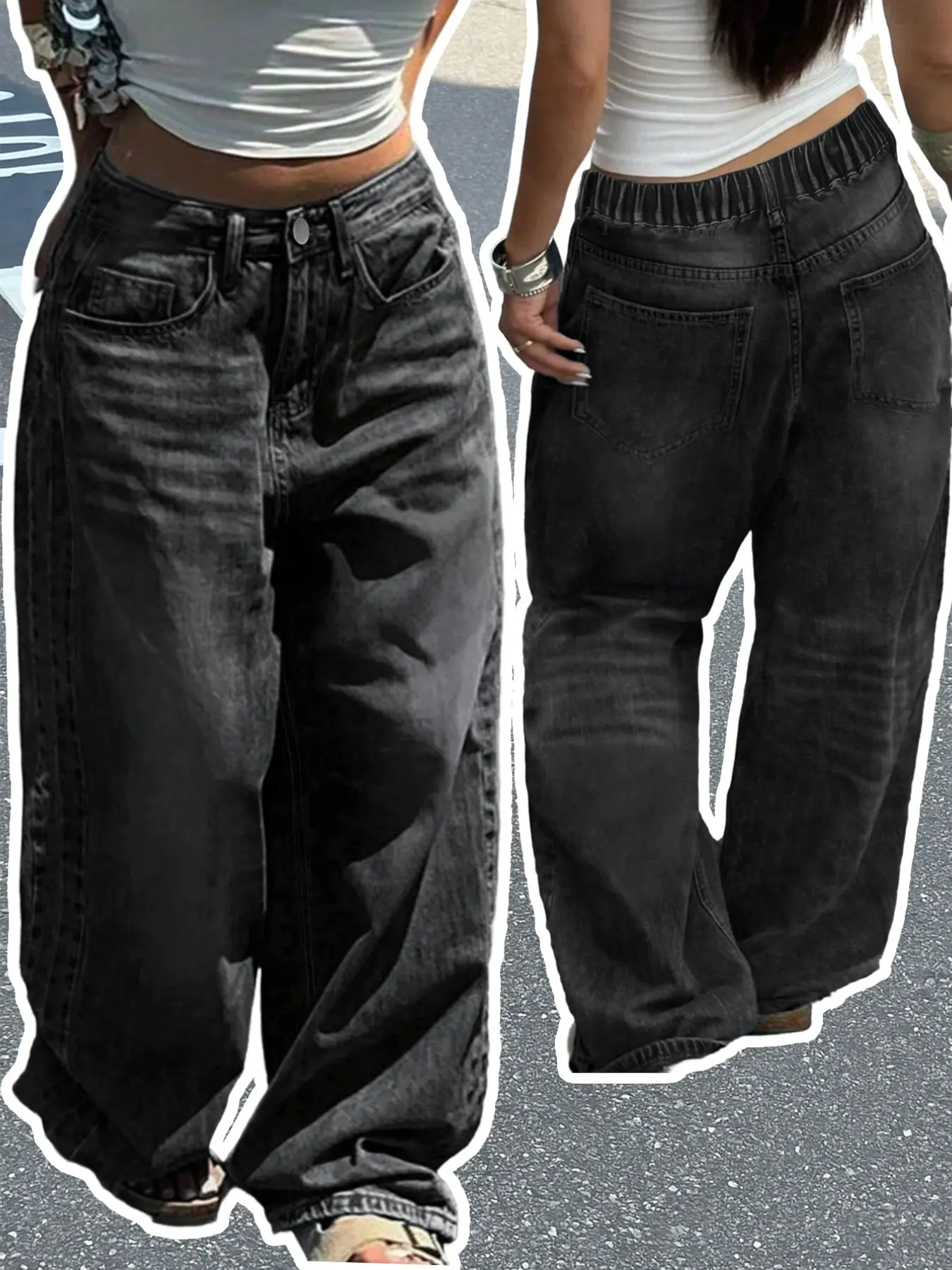Plus Size Vintage Washed High Waist Denim Jeans Pants, Baggy Wide Leg, Elastic Waistband, Grunge Streetwear for Curvy Women