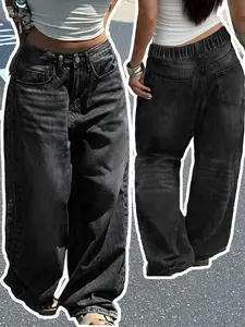 Plus Size Vintage Washed High Waist Denim Jeans, Baggy Wide Leg, Elastic Waistband, Grunge Streetwear for Curvy Women