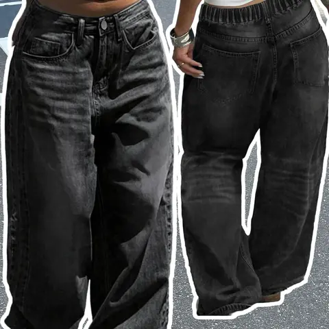 Plus Size Women's Vintage Washed High Waist Jeans, Baggy Wide-Leg Denim Pants, Elastic Waistband, Grunge Streetwear for Curvy Women, Denim High Rise