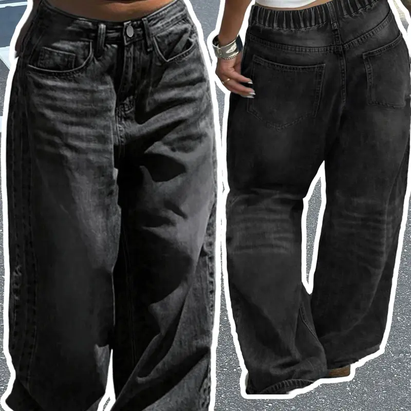Plus Size Women's Vintage Washed High Waist Jeans, Baggy Wide-Leg Denim Pants, Elastic Waistband, Grunge Streetwear for Curvy Women, Denim High Rise