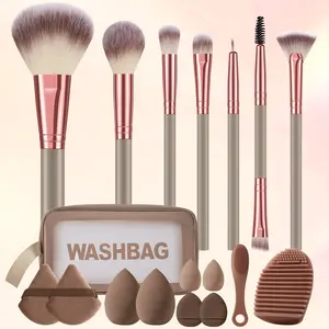 18-Piece Professional Makeup Tool Kit, Includes 7 Brushes, Sponge, Powder Puff, Silicone Brush, Cleanser, Waterproof Bag