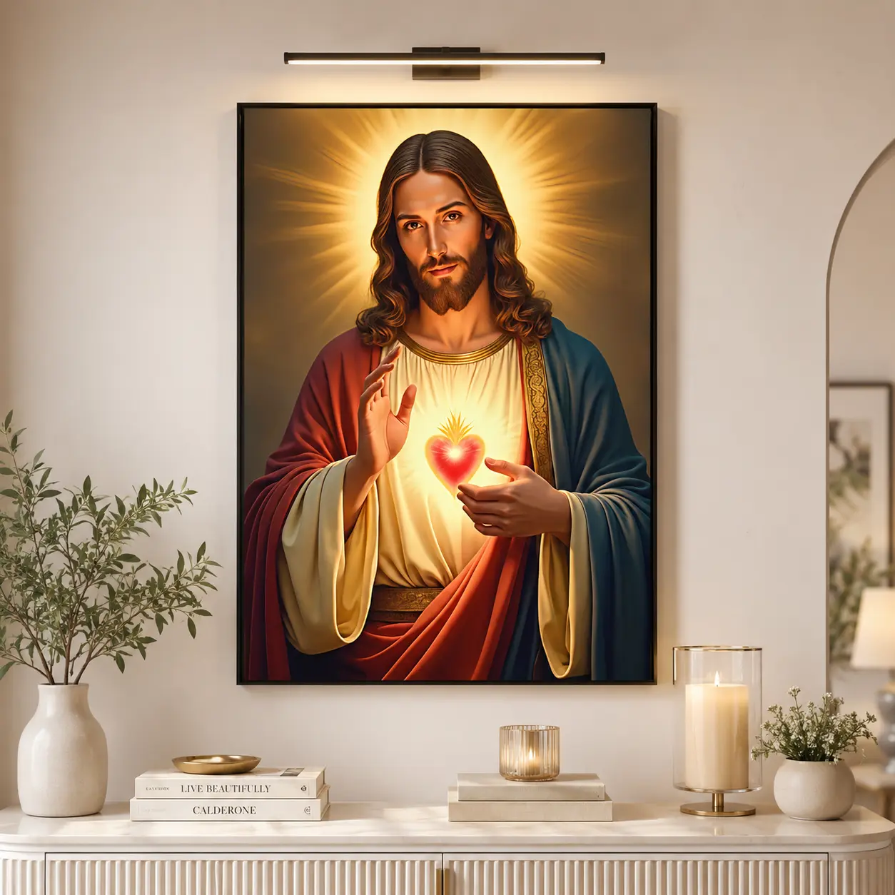 Frameless 2D Flat Sacred Heart of Jesus Canvas Print - Minimalist Biblical Graphic Wall Art, Wooden Box Mountable, Religious Church Wall Decor for Living Room, Christian Catholic Easter Christmas Gift