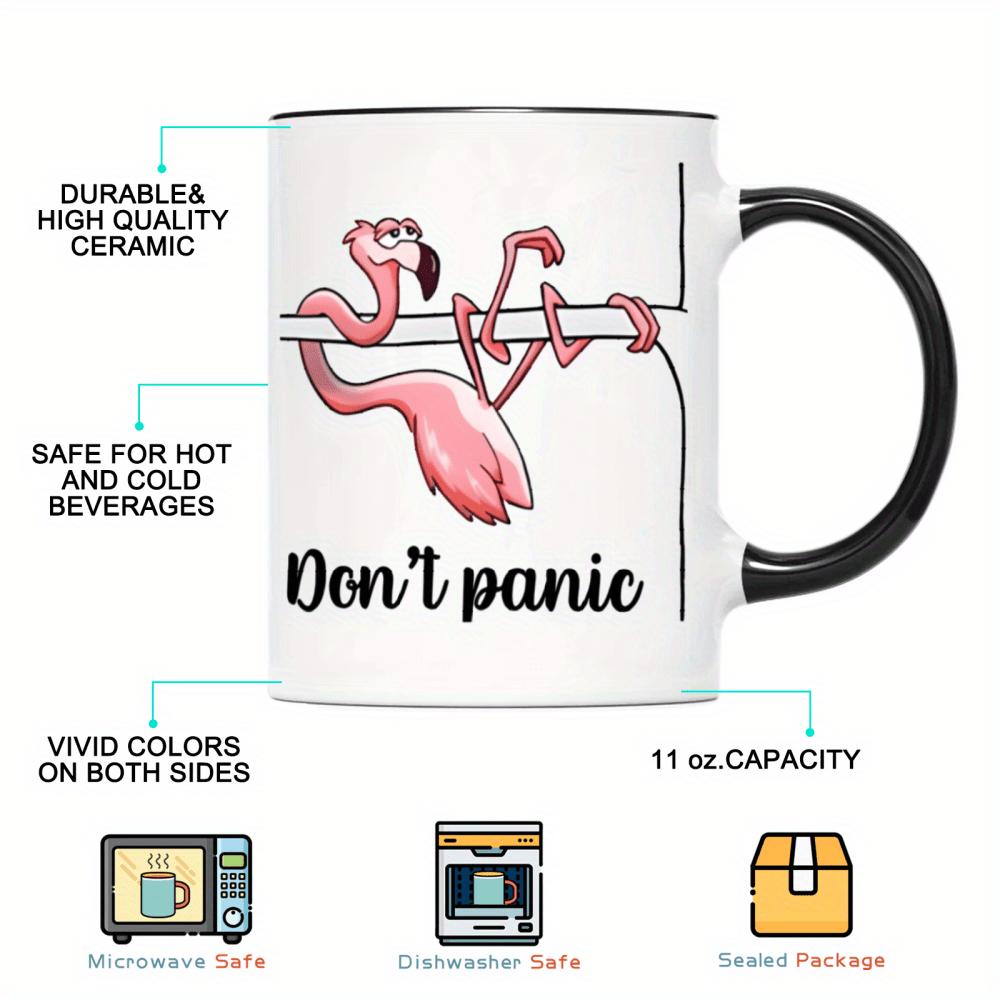 1pc, "Don't panic" Pink Flamingo Ceramic Mug Cup - 11oz 3A Personalized Flamingo Pattern Coffee Mug, Tea Cups, Holiday Anniversary Gifts For Family, Friends, Lovers, Boyfriends, Girlfriends, Daughters, Sons, For Home Kitchen Or Office Use