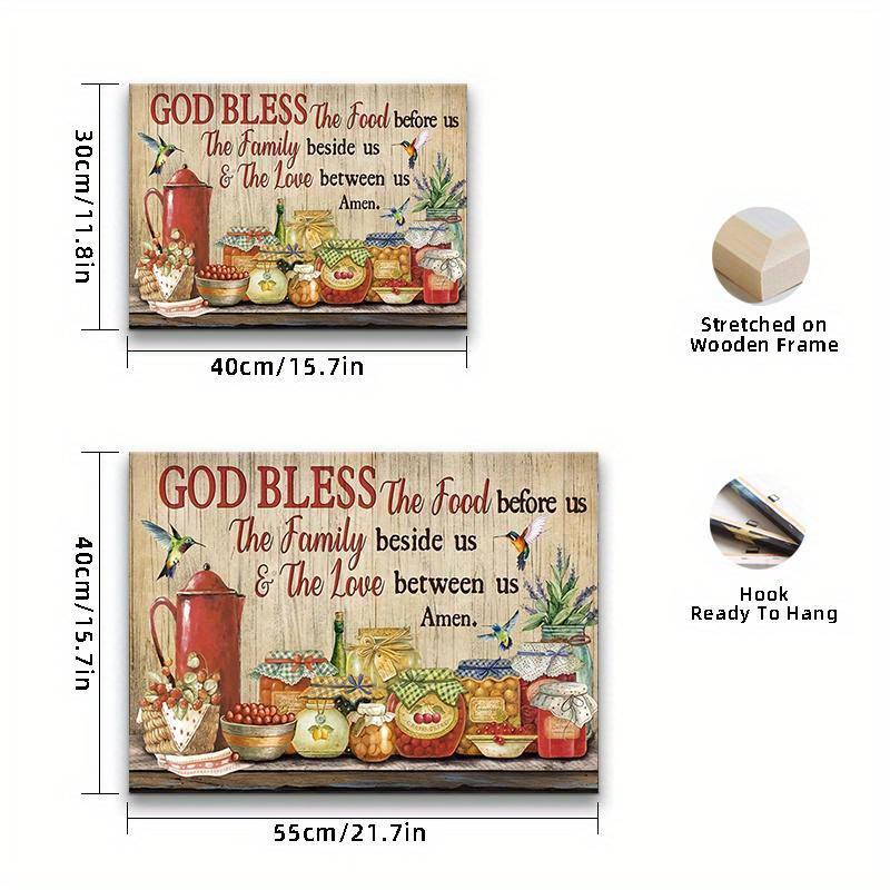 Framed Canvas Wall Art - God Bless the Food Family & Love Inspirational Print with Hummingbirds, Rustic Kitchen Decor for Dining Room, Home Office, Living Room - Classic Art Deco Framed Canvas Artwork, Large Canvas Wall Art, Office Artwork,